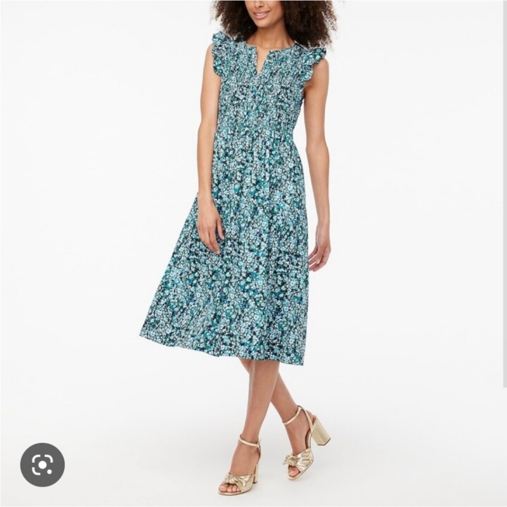 J Crew Smocked Flutter Sleeve Midi Dress Poplin